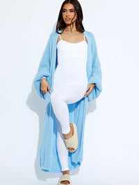 Blue Balloon Sleeves Knitted Longline Open Cardigan