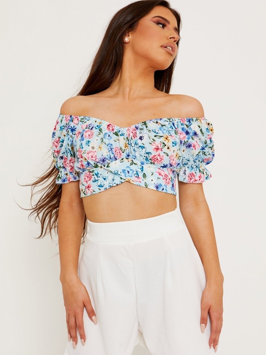 Blue Tie Knot Floral Bardot Crop Top