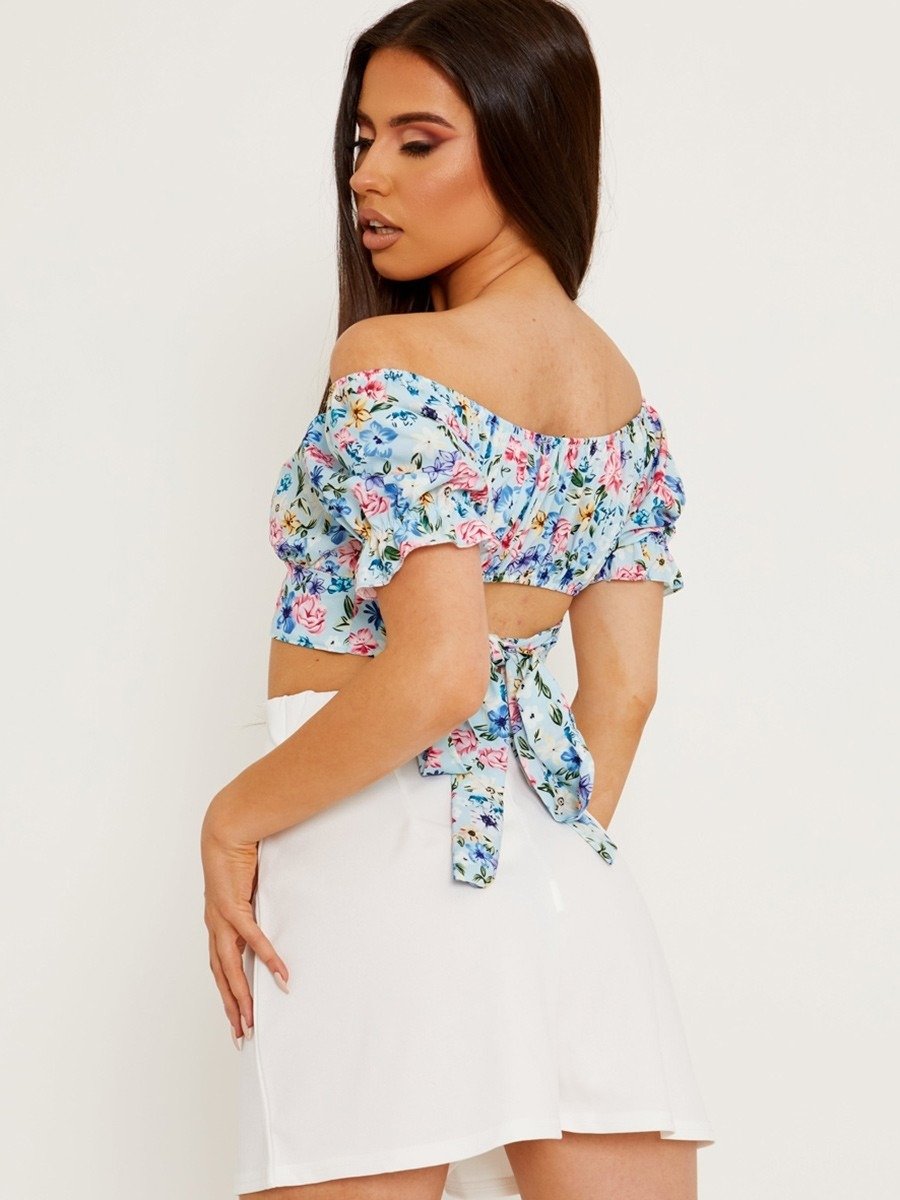 Blue Tie Knot Floral Bardot Crop Top