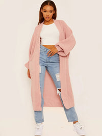 Blush Pink Balloon Sleeves Knitted Longline Open Cardigan