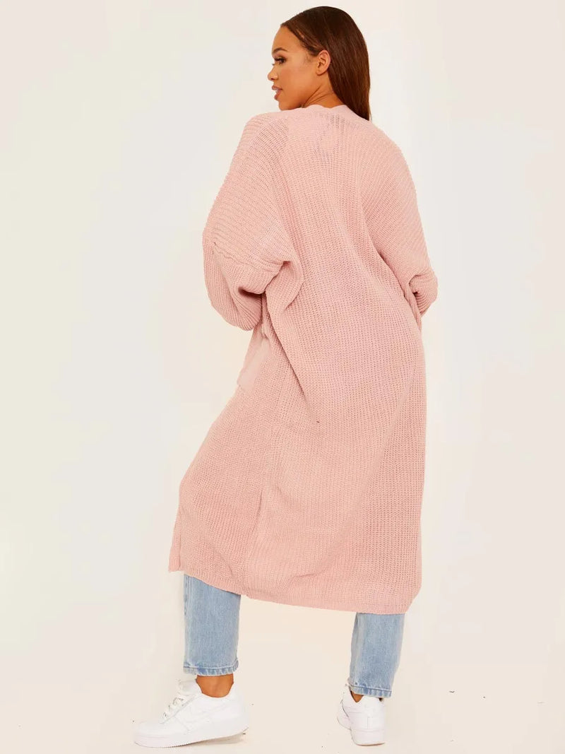 Blush Pink Balloon Sleeves Knitted Longline Open Cardigan