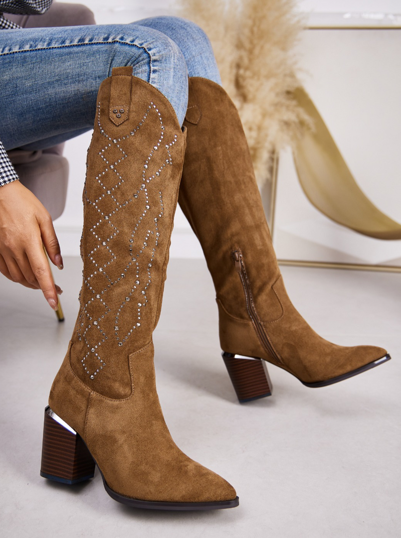 Camel Faux Suede Diamante Embellished Knee High Cowboy Western Boots FavouriteClothing.ie