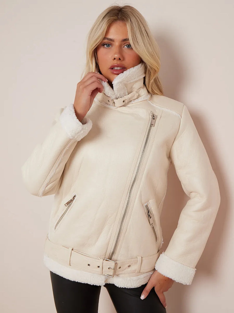 Cream Faux Leather Lined Belted Aviator Jacket