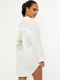 Cream Oversized Embroidered Sequin Eye Cheese Cloth Shirt