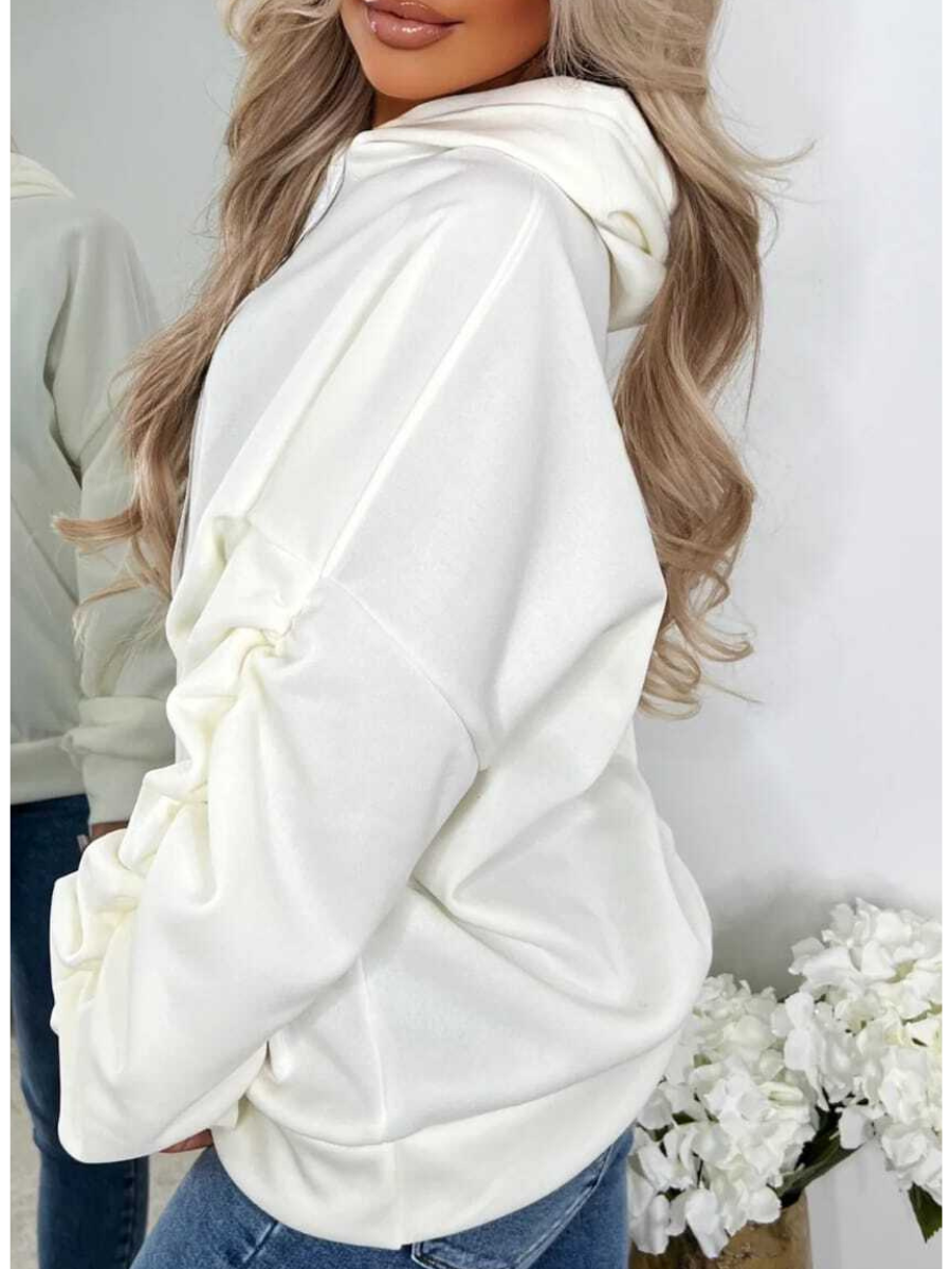 Cream Ribbon Drawstring Ruched Sleeves Fleeced Hoodie