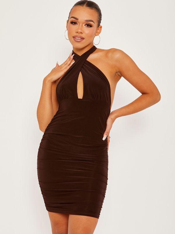 Slinky cross neck deals bodycon dress blac missguided