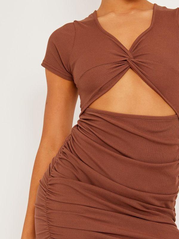 Dark Brown Cut Out Twist Front Ruched Ribbed Dress