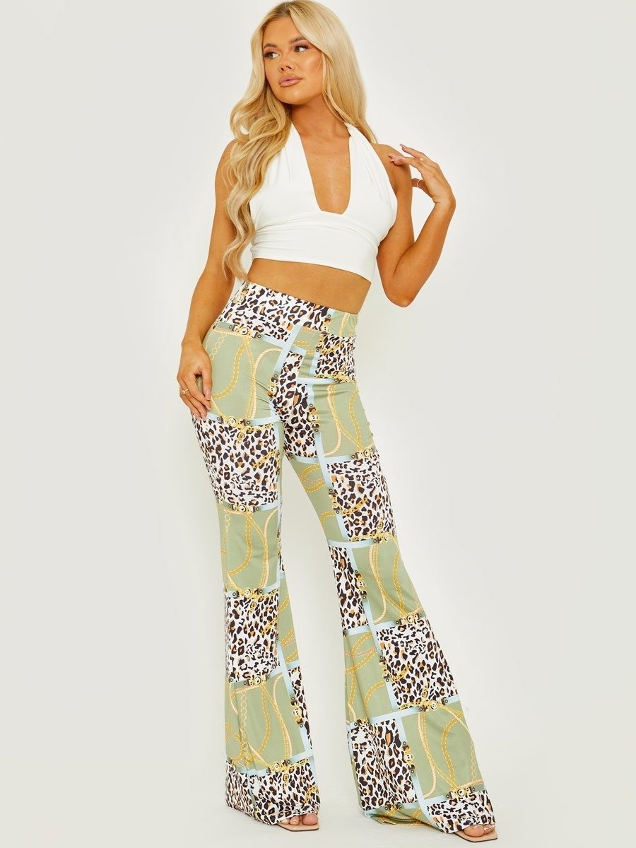 Green Leopard Chain Print Slinky Wide Leg Flared Trouser