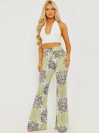 Green Leopard Chain Print Slinky Wide Leg Flared Trouser