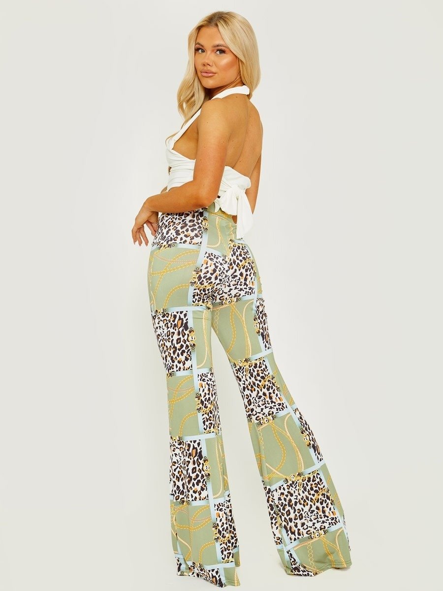 Green Leopard Chain Print Slinky Wide Leg Flared Trouser