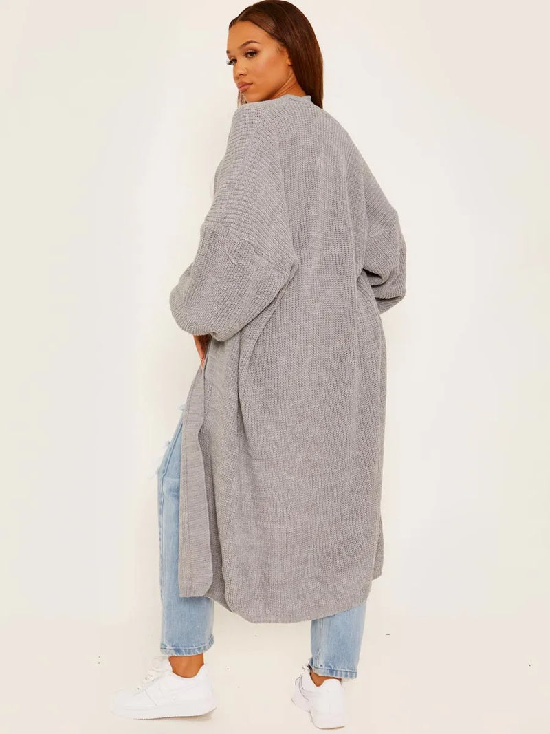 Grey Balloon Sleeves Knitted Longline Open Cardigan 2