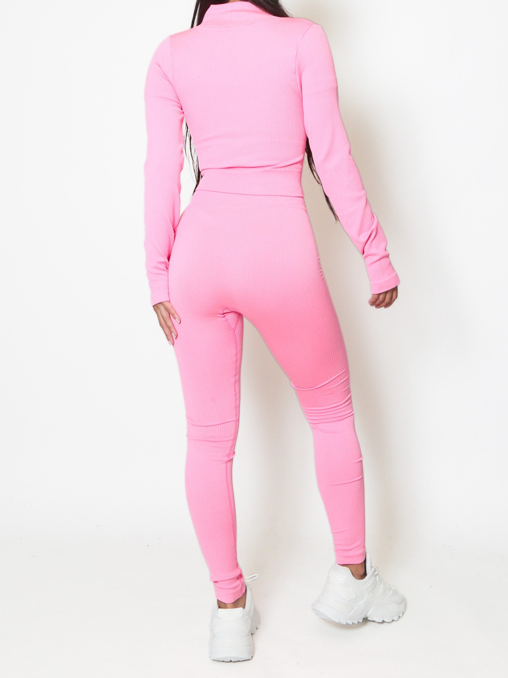 Hot Pink Zip Jacket Ribbed Seamless Two Piece Gym Set