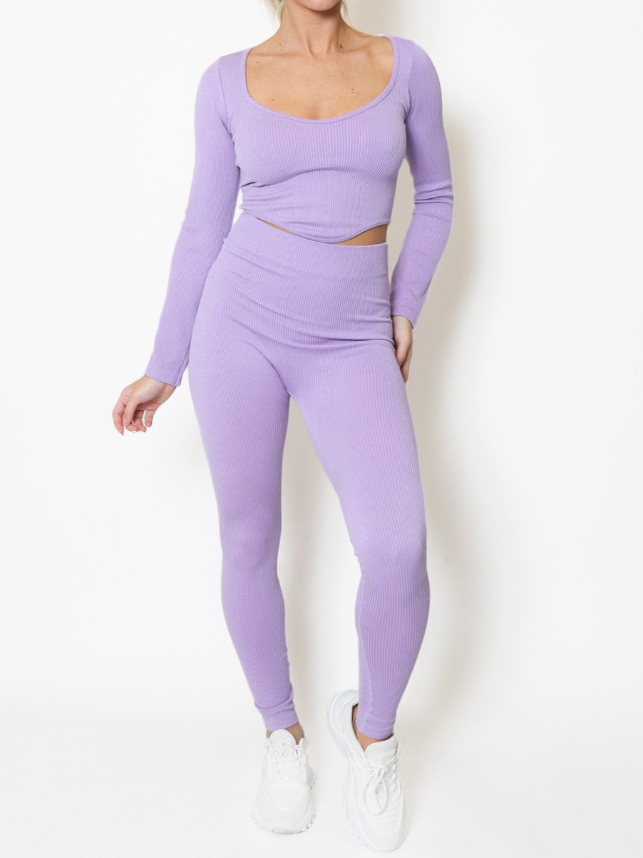 Lilac Dip Front Top & High Waist Leggings Seamless Ribbed Set