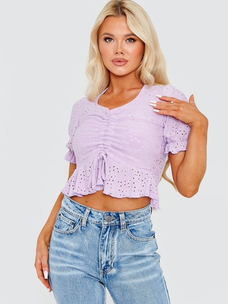 Lilac Purple Anglaise Ruched Front Crop Top