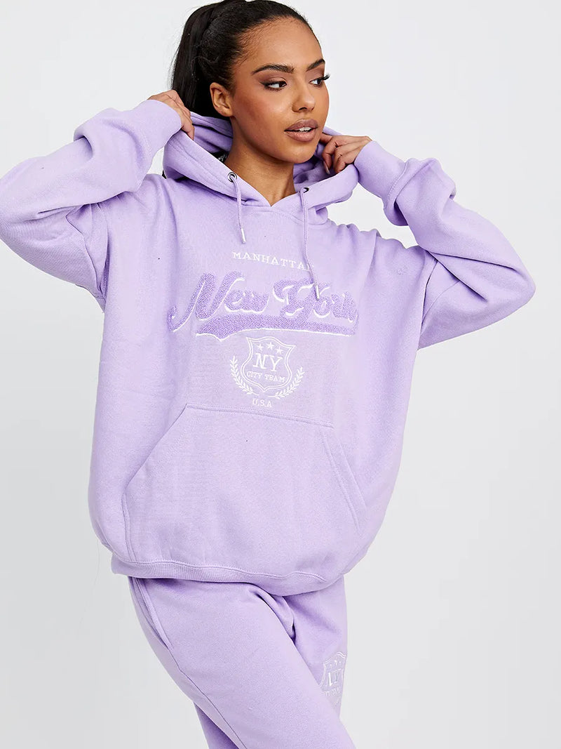 Lilac Towelling Embroidered New York Hooded Fleece Loungewear Set