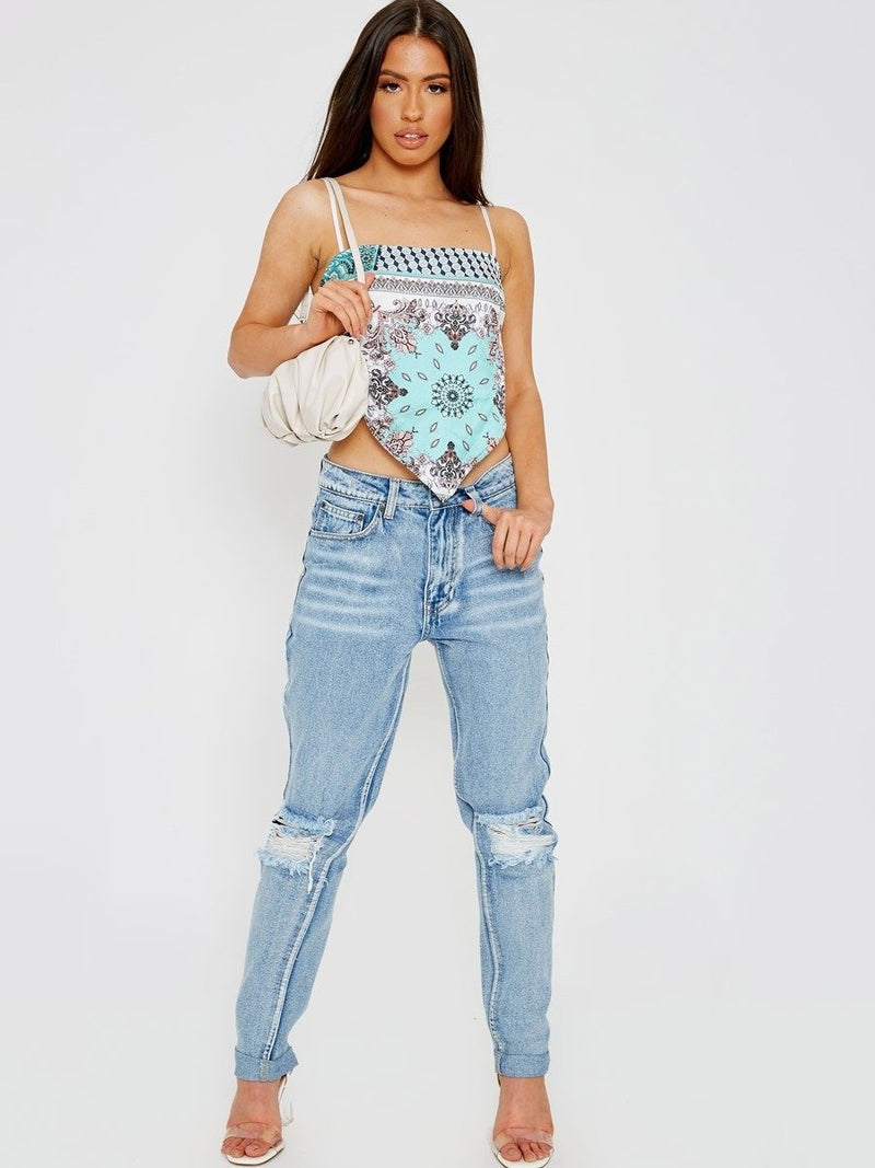 Mint Green Scarf Print Tie Knot Back Cami Crop Top