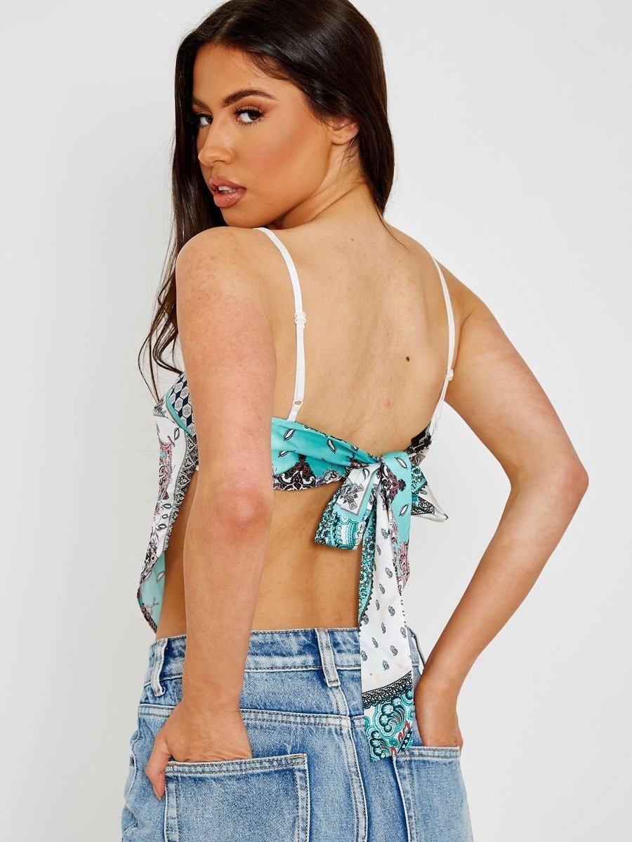 Mint Green Scarf Print Tie Knot Back Cami Crop Top