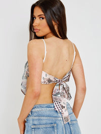 Nude Pink Scarf Print Tie Knot Back Cami Crop Top