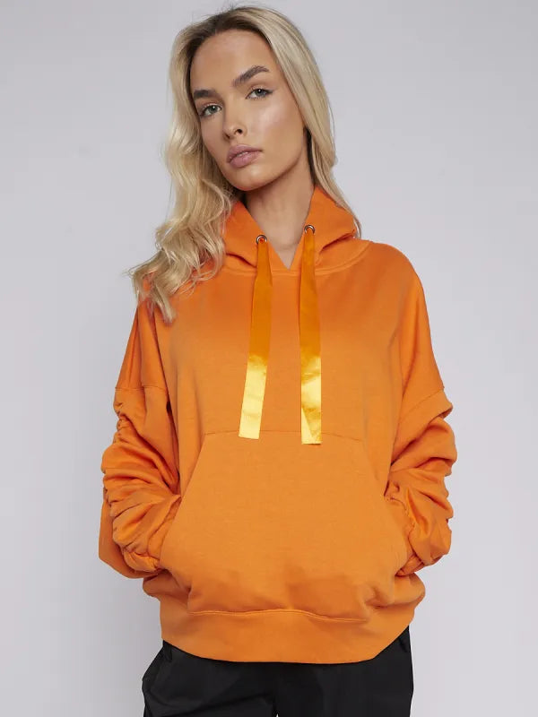 Orange Ribbon Drawstring Ruched Sleeves Fleeced Hoodie