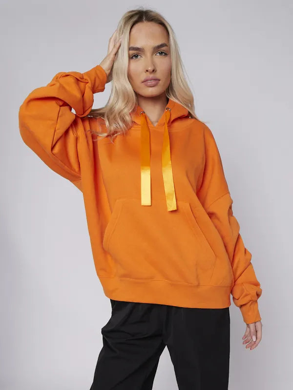 Orange Ribbon Drawstring Ruched Sleeves Fleeced Hoodie