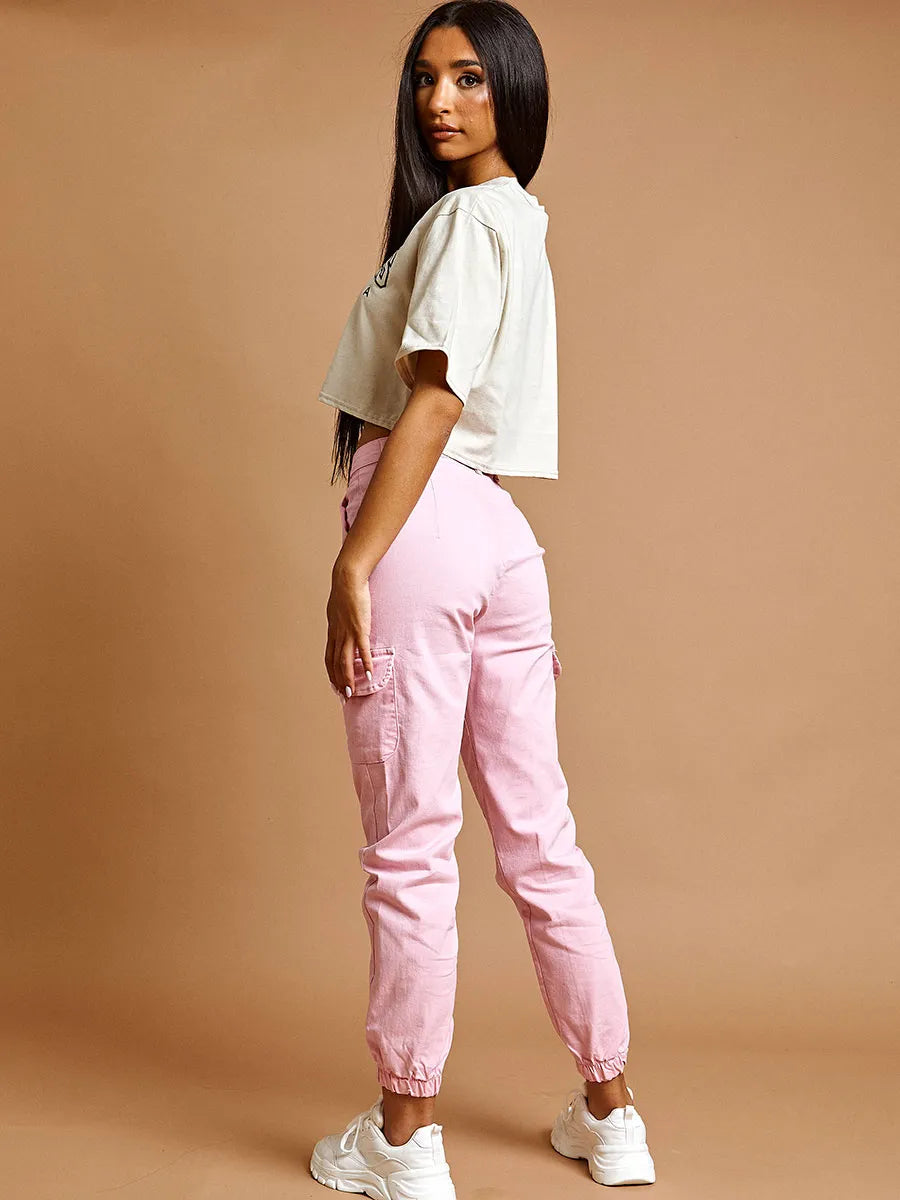 Pink Cargo Combat Pocket Jeans Trousers