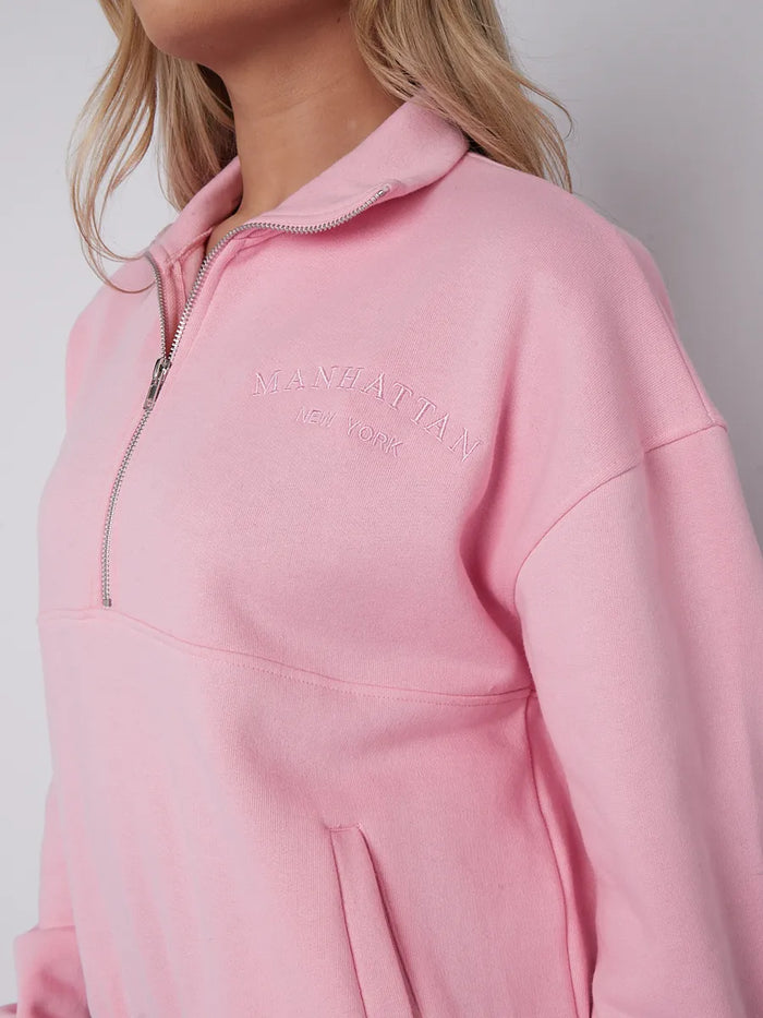 Pink Manhattan Embroidered Oversized Sweatshirt Zip Jumper