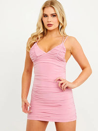 Pink Slinky Double Strap Cross Rouched Dress