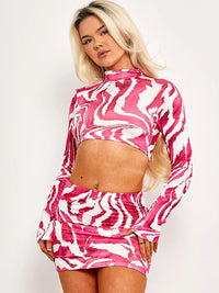 Pink Zebra Print Slinky Crop Top & Skirt Co-ord Set