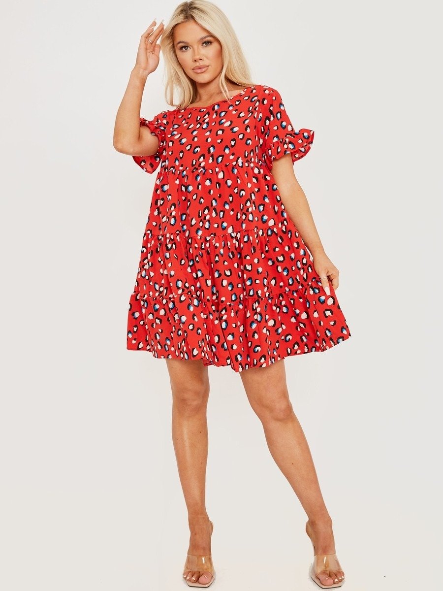 Red leopard store print smock dress