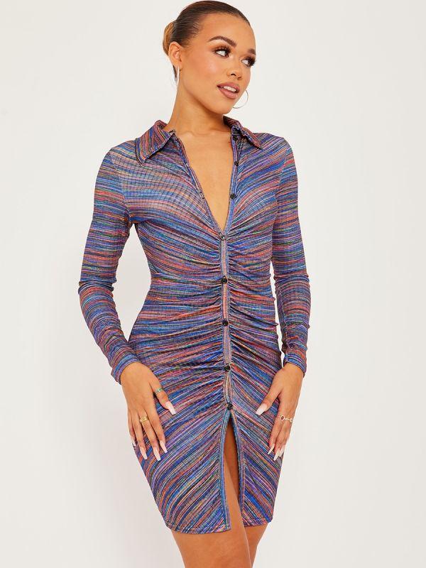 Royal Blue Multi Coloured Button Fasten Ruched Dress