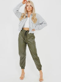 Khaki Green Faux Leather PU Jogger Trouser