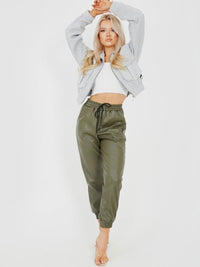 Khaki Green Faux Leather PU Jogger Trouser