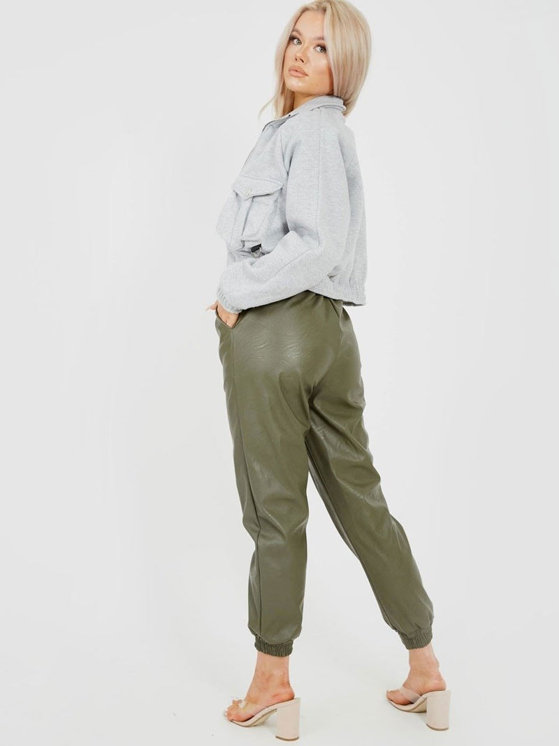 Khaki Green Faux Leather PU Jogger Trouser