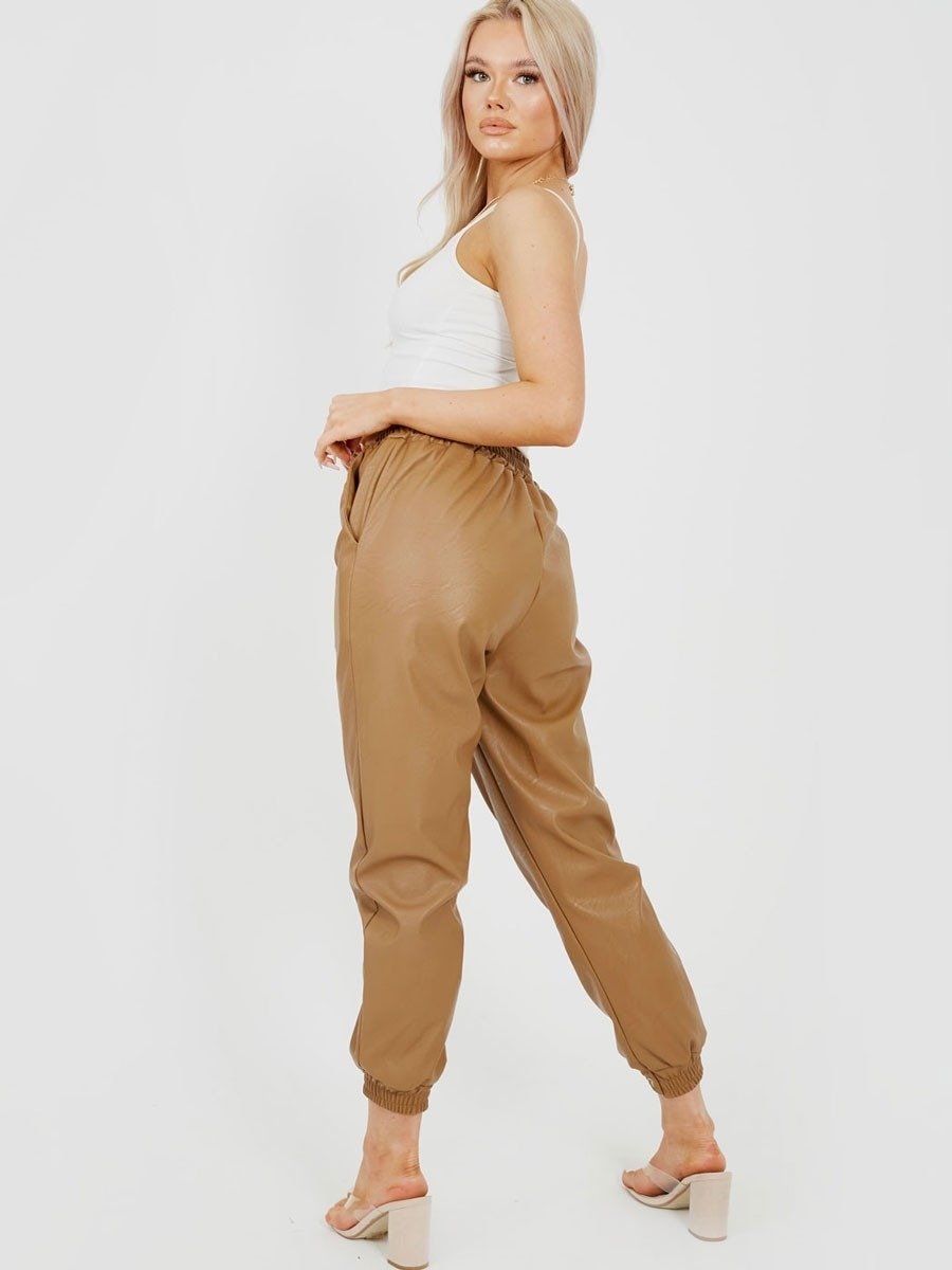 Camel Faux Leather Pu Jogger Trouser