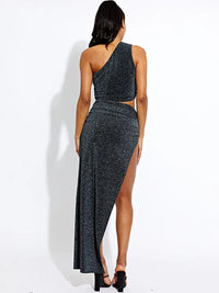 Silver Lurex One Shoulder Crop Top & Slit Maxi Skirt Co-ord Set