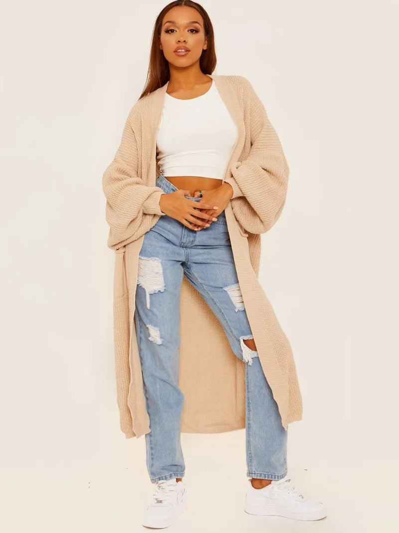 Stone Balloon Sleeves Knitted Longline Open Cardigan