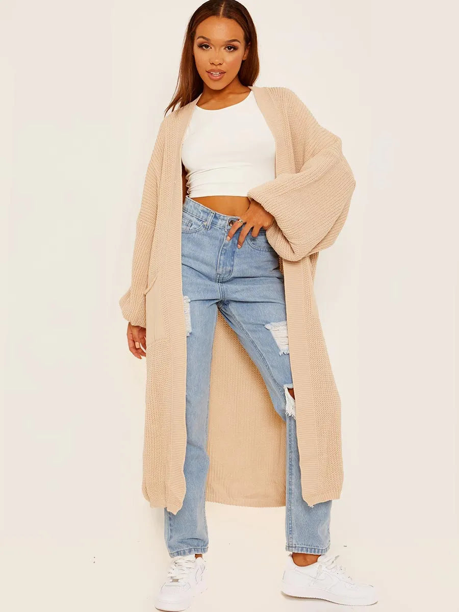 Stone Balloon Sleeves Knitted Longline Open Cardigan