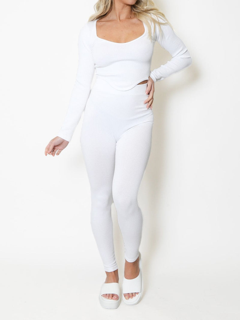 White Blue Dip Front Top & High Waist Leggings Seamless Ribbed Set