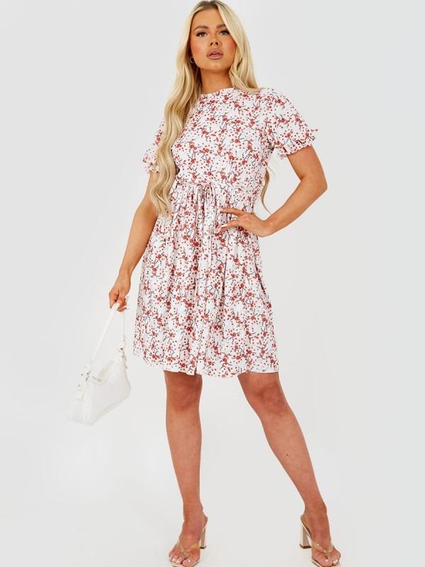 White Floral Print Tie Knot Dress