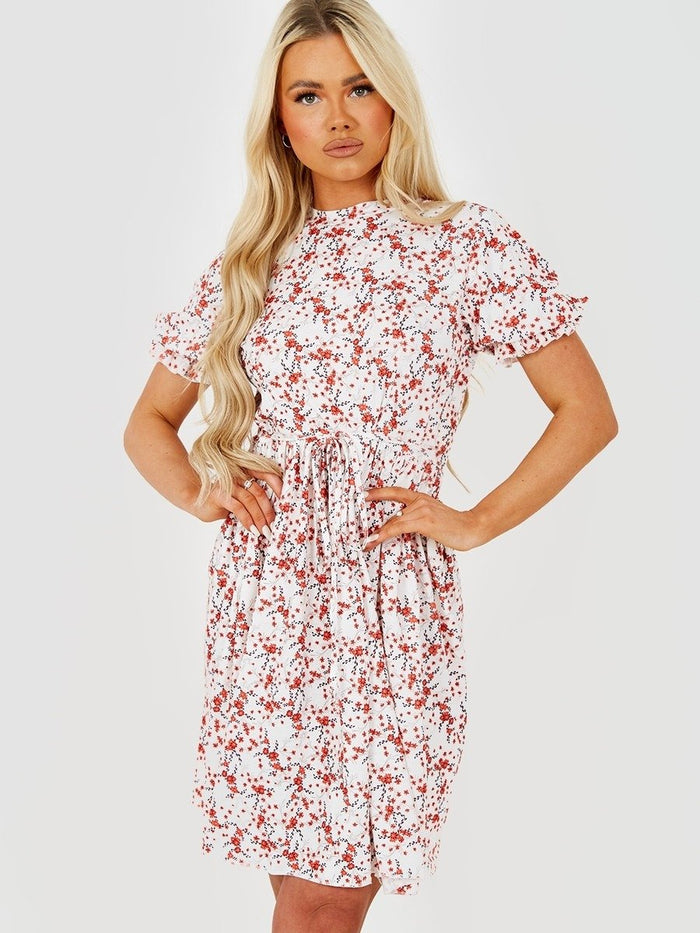 White Floral Print Tie Knot Dress