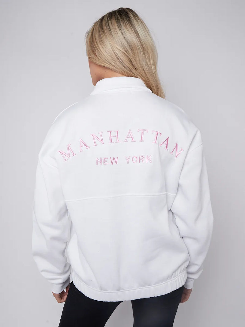 White Manhattan Embroidered Oversized Sweatshirt Zip Jumper