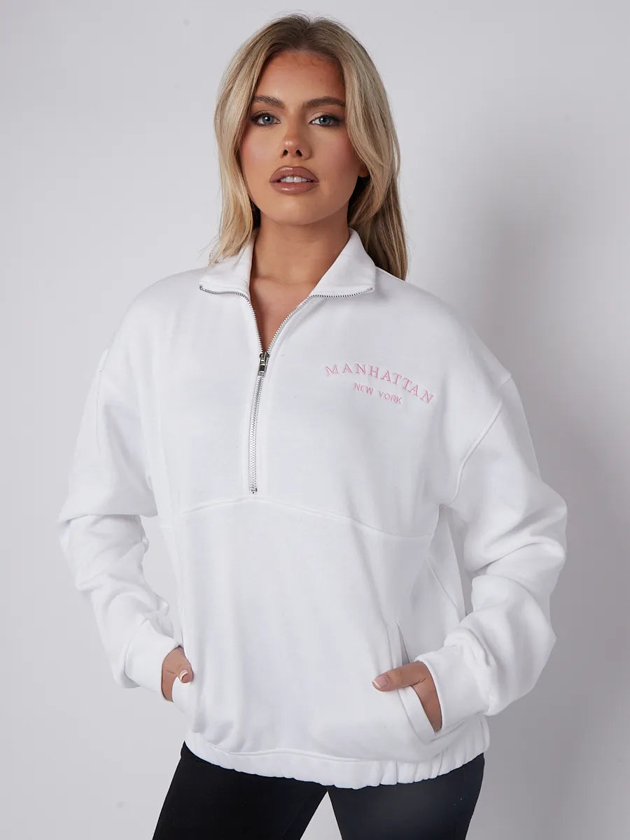 White Manhattan Embroidered Oversized Sweatshirt Zip Jumper