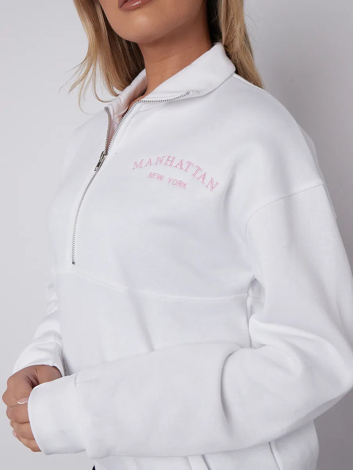 White Manhattan Embroidered Oversized Sweatshirt Zip Jumper