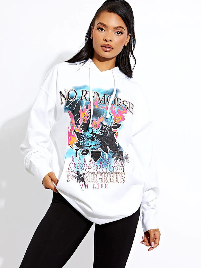 White No Remorse Skull Graphic Print Hoodie