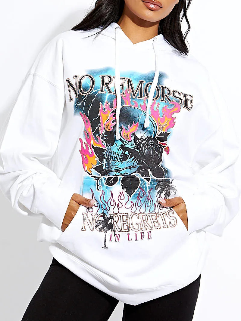 White No Remorse Skull Graphic Print Hoodie