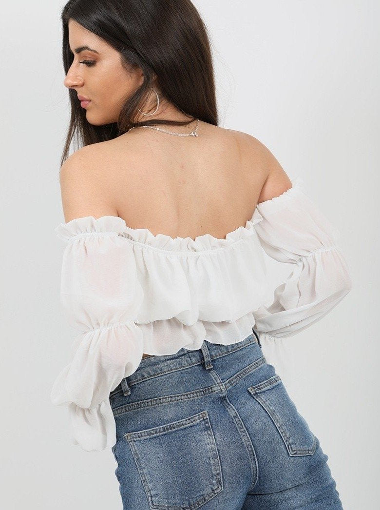 White Off Shoulder Ruched Frill Crop Top