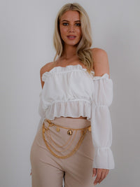 White Off Shoulder Ruched Frill Crop Top