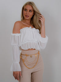 White Off Shoulder Ruched Frill Crop Top