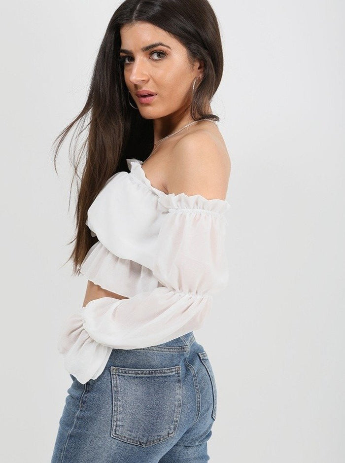 White Off Shoulder Ruched Frill Crop Top