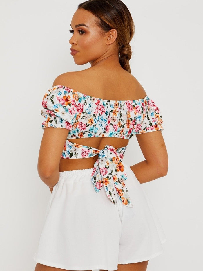 White Tie Knot Floral Bardot Crop Top